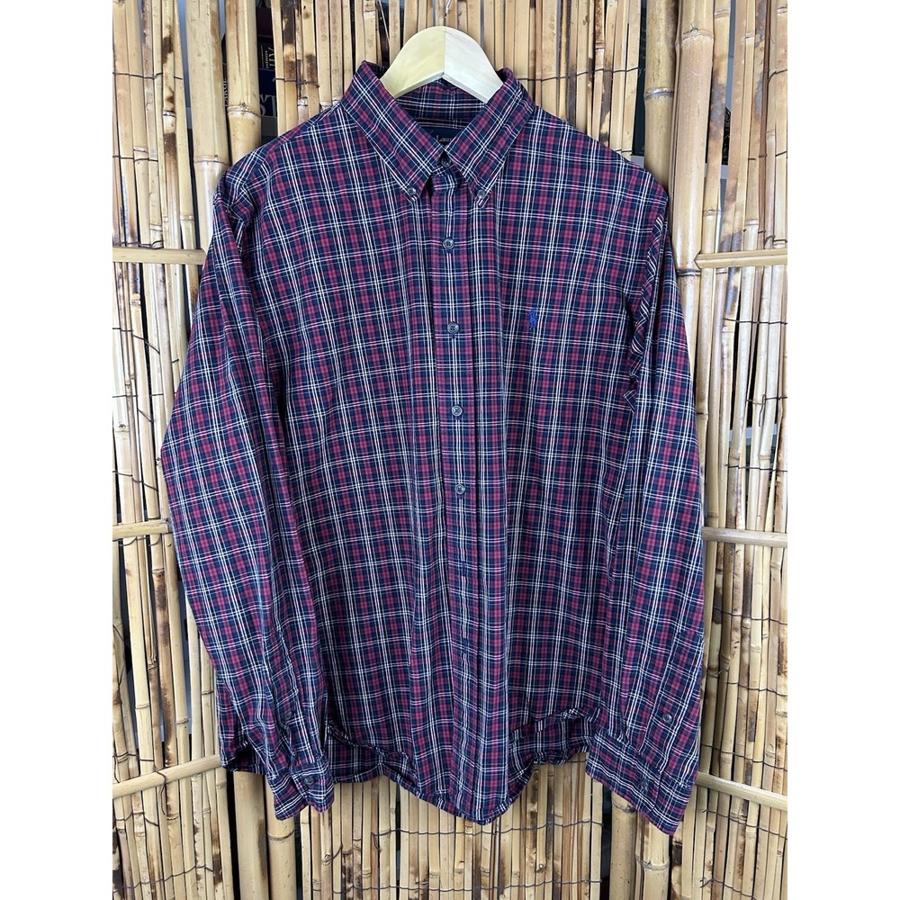 Ralph Lauren Custom Fit Long Sleeve Button Down Polo Red Blk Blue Check PreppyXL